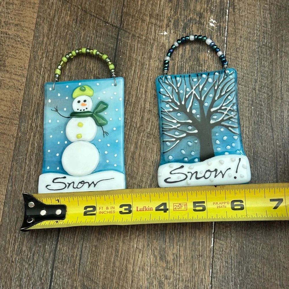 Handmade Fused Glass Winter Snowman and Tree Ornaments Suncatchers Set of 2 Blue